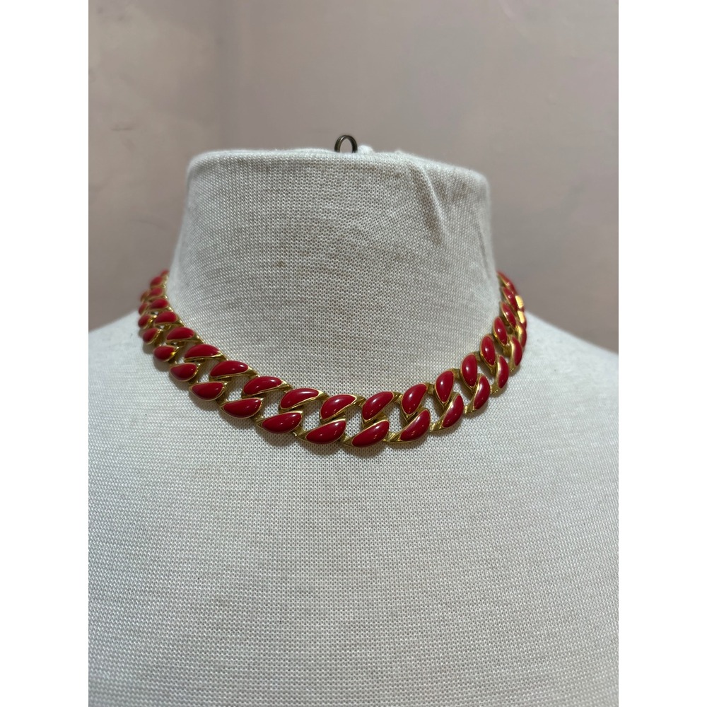 Vintage Hot Pink Enamel Gold Tone Linked Panel Choker Necklace Retro 80s J546